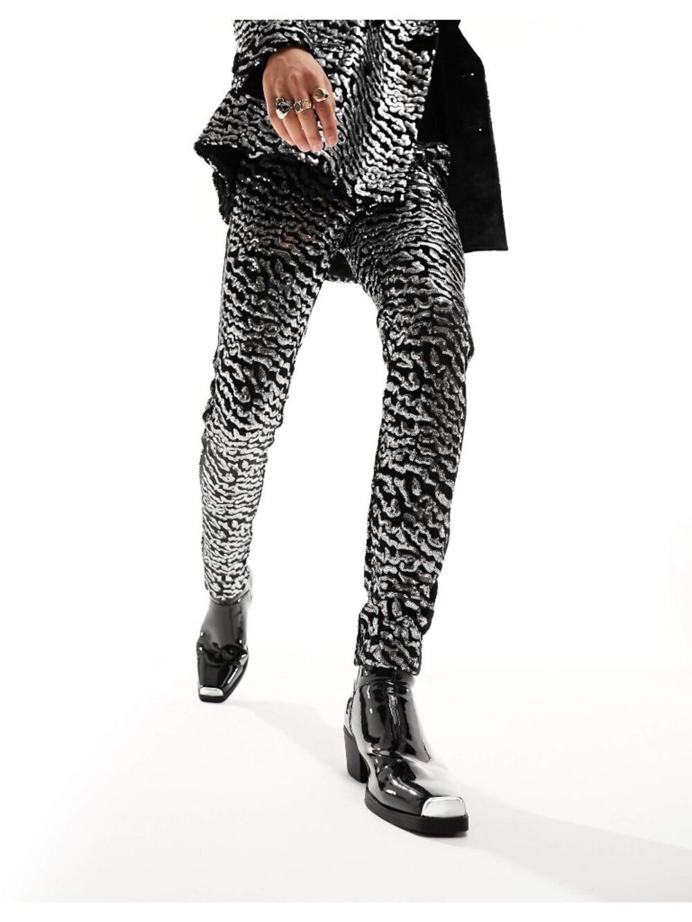 ASOS Design Mens Silver Sequin Skinny Pants Black Velvet W28 L30 NWT